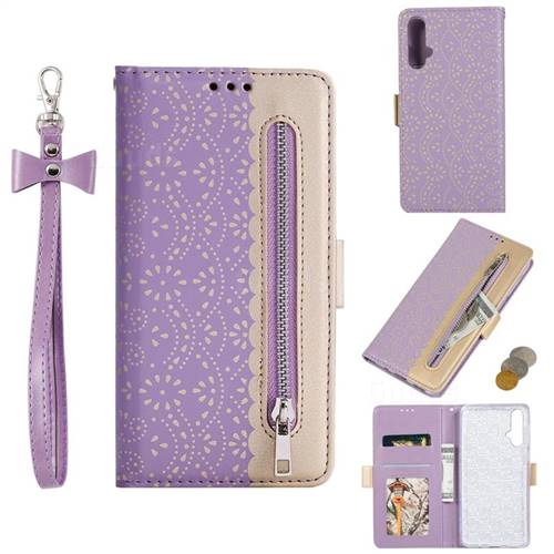 Luxury Lace Zipper Stitching Leather Phone Wallet Case for Huawei Nova 5 / Nova 5 Pro - Purple