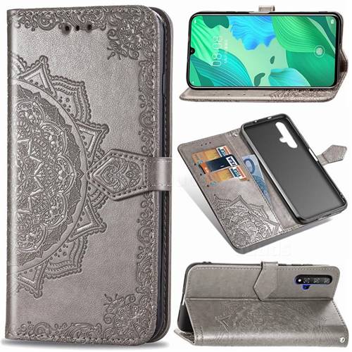 Embossing Imprint Mandala Flower Leather Wallet Case for Huawei Nova 5 / Nova 5 Pro - Gray