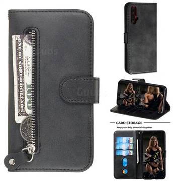 Retro Luxury Zipper Leather Phone Wallet Case for Huawei Nova 5 / Nova 5 Pro - Black