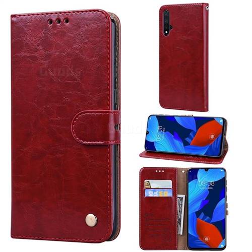Luxury Retro Oil Wax PU Leather Wallet Phone Case for Huawei Nova 5 / Nova 5 Pro - Brown Red