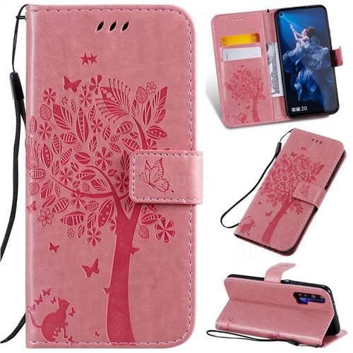 Embossing Butterfly Tree Leather Wallet Case for Huawei nova 5T - Pink