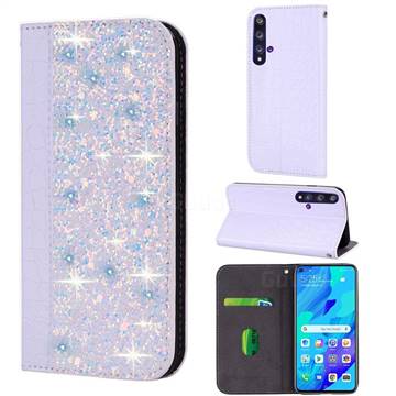 Shiny Crocodile Pattern Stitching Magnetic Closure Flip Holster Shockproof Phone Case for Huawei nova 5T - White Silver