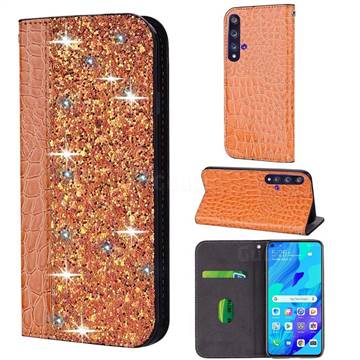 Shiny Crocodile Pattern Stitching Magnetic Closure Flip Holster Shockproof Phone Case for Huawei nova 5T - Gold Orange