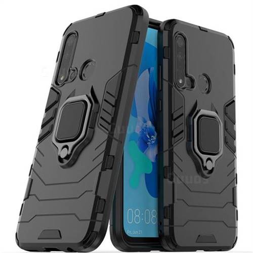 Black Panther Armor Metal Ring Grip Shockproof Dual Layer Rugged Hard Cover for Huawei nova 5i - Black