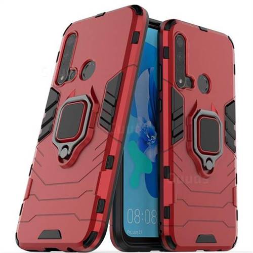 Black Panther Armor Metal Ring Grip Shockproof Dual Layer Rugged Hard Cover for Huawei nova 5i - Red