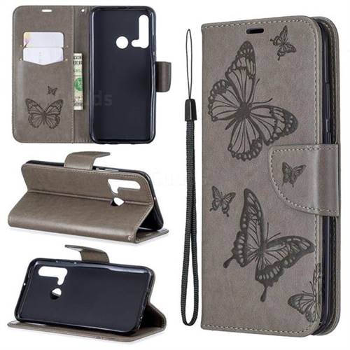 Embossing Double Butterfly Leather Wallet Case for Huawei nova 5i - Gray