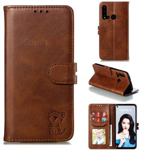 Embossing Happy Cat Leather Wallet Case for Huawei nova 5i - Brown