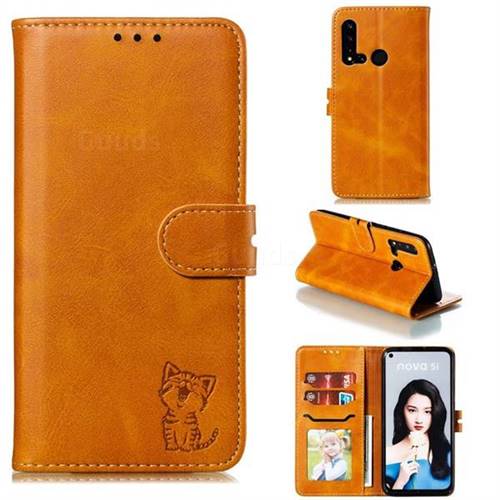 Embossing Happy Cat Leather Wallet Case for Huawei nova 5i - Yellow