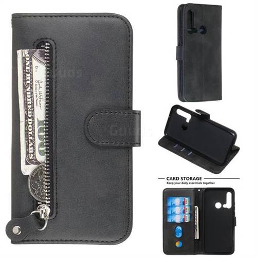 Retro Luxury Zipper Leather Phone Wallet Case for Huawei nova 5i - Black