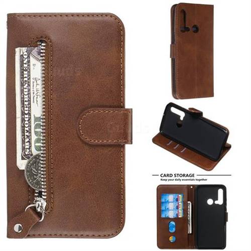 Retro Luxury Zipper Leather Phone Wallet Case for Huawei nova 5i - Brown