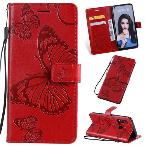 Embossing 3D Butterfly Leather Wallet Case for Huawei nova 5i - Red