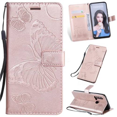 Embossing 3D Butterfly Leather Wallet Case for Huawei nova 5i - Rose Gold