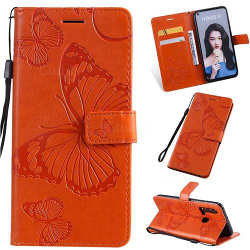 Embossing 3D Butterfly Leather Wallet Case for Huawei nova 5i - Orange