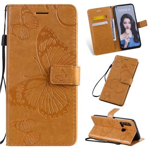 Embossing 3D Butterfly Leather Wallet Case for Huawei nova 5i - Yellow