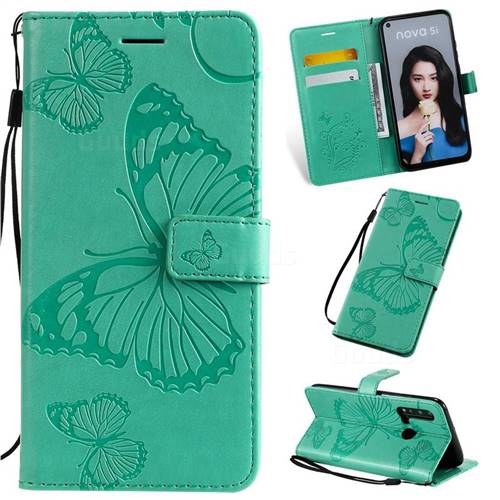Embossing 3D Butterfly Leather Wallet Case for Huawei nova 5i - Green