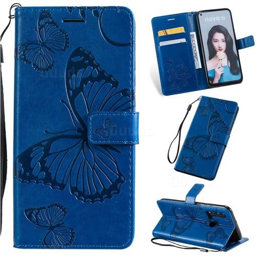 Embossing 3D Butterfly Leather Wallet Case for Huawei nova 5i - Blue