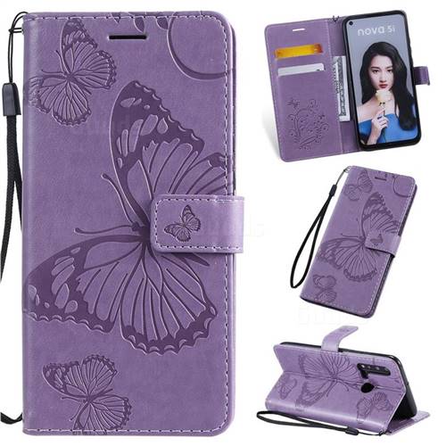 Embossing 3D Butterfly Leather Wallet Case for Huawei nova 5i - Purple