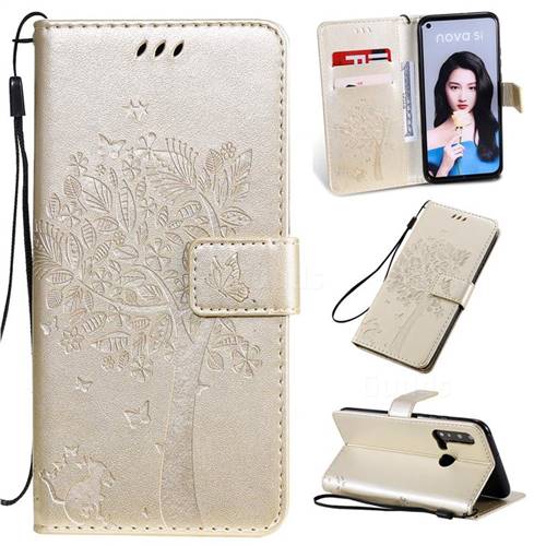 Embossing Butterfly Tree Leather Wallet Case for Huawei nova 5i - Champagne