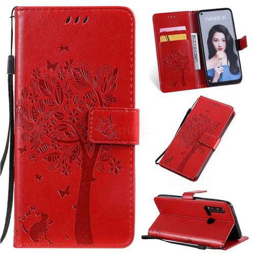 Embossing Butterfly Tree Leather Wallet Case for Huawei nova 5i - Red