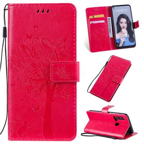 Embossing Butterfly Tree Leather Wallet Case for Huawei nova 5i - Rose