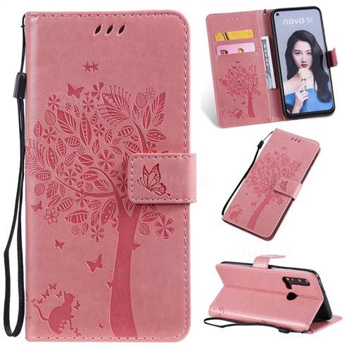 Embossing Butterfly Tree Leather Wallet Case for Huawei nova 5i - Pink