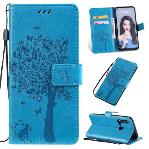 Embossing Butterfly Tree Leather Wallet Case for Huawei nova 5i - Blue