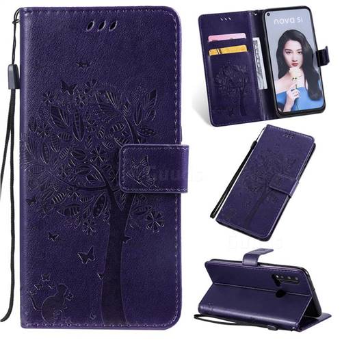 Embossing Butterfly Tree Leather Wallet Case for Huawei nova 5i - Purple