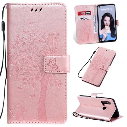 Embossing Butterfly Tree Leather Wallet Case for Huawei nova 5i - Rose Pink