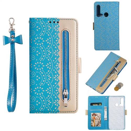 Luxury Lace Zipper Stitching Leather Phone Wallet Case for Huawei nova 5i - Blue