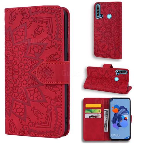 Retro Embossing Mandala Flower Leather Wallet Case for Huawei nova 5i - Red