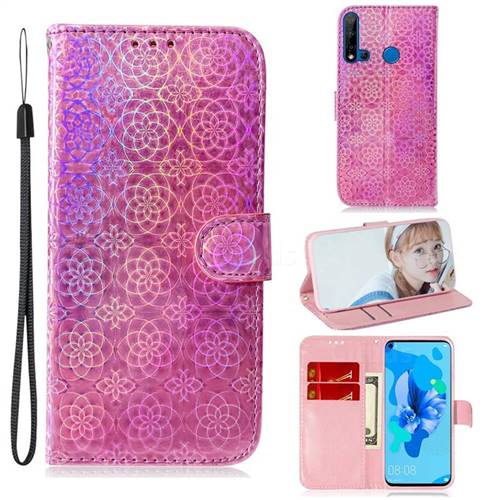 Laser Circle Shining Leather Wallet Phone Case for Huawei nova 5i - Pink