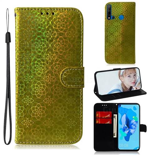 Laser Circle Shining Leather Wallet Phone Case for Huawei nova 5i - Golden