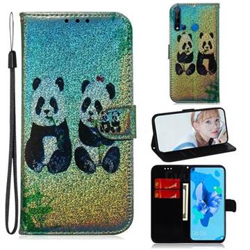 Two Pandas Laser Shining Leather Wallet Phone Case for Huawei nova 5i