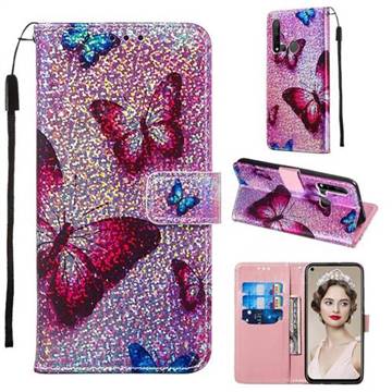 Blue Butterfly Sequins Painted Leather Wallet Case for Huawei nova 5i