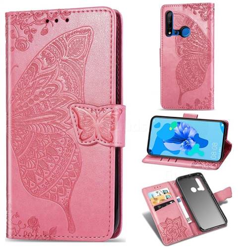 Embossing Mandala Flower Butterfly Leather Wallet Case for Huawei nova 5i - Pink