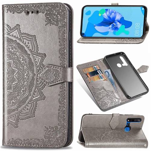 Embossing Imprint Mandala Flower Leather Wallet Case for Huawei nova 5i - Gray