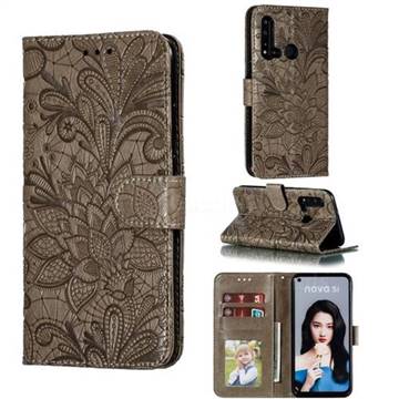 Intricate Embossing Lace Jasmine Flower Leather Wallet Case for Huawei nova 5i - Gray