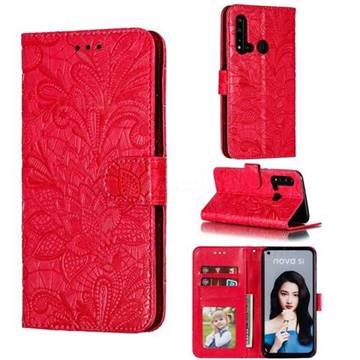 Intricate Embossing Lace Jasmine Flower Leather Wallet Case for Huawei nova 5i - Red