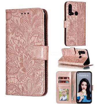 Intricate Embossing Lace Jasmine Flower Leather Wallet Case for Huawei nova 5i - Rose Gold