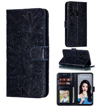 Intricate Embossing Lace Jasmine Flower Leather Wallet Case for Huawei nova 5i - Dark Blue