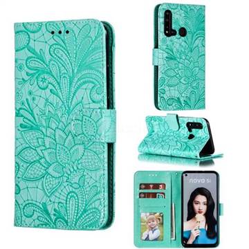 Intricate Embossing Lace Jasmine Flower Leather Wallet Case for Huawei nova 5i - Green