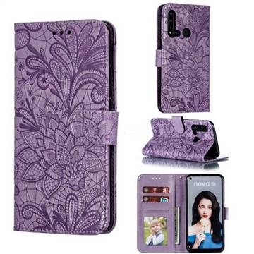 Intricate Embossing Lace Jasmine Flower Leather Wallet Case for Huawei nova 5i - Purple
