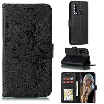 Intricate Embossing Lychee Feather Bird Leather Wallet Case for Huawei nova 5i - Black