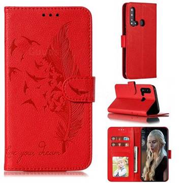 Intricate Embossing Lychee Feather Bird Leather Wallet Case for Huawei nova 5i - Red