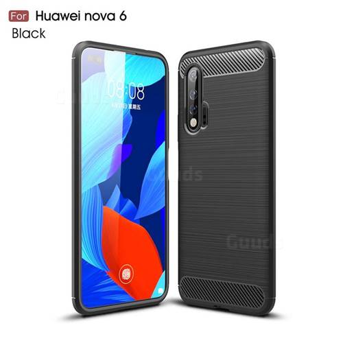 Luxury Carbon Fiber Brushed Wire Drawing Silicone TPU Back Cover for Huawei nova 6 - Black