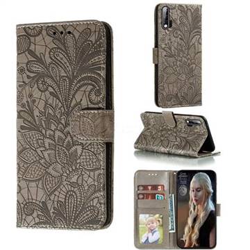 Intricate Embossing Lace Jasmine Flower Leather Wallet Case for Huawei nova 6 - Gray