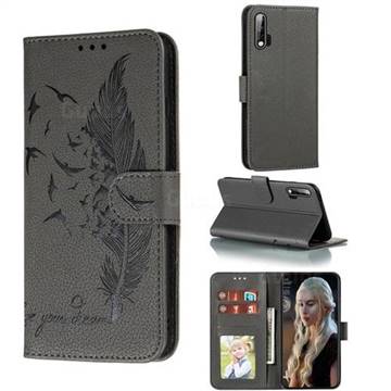 Intricate Embossing Lychee Feather Bird Leather Wallet Case for Huawei nova 6 - Gray