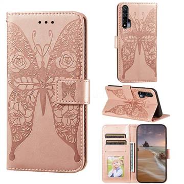 Intricate Embossing Rose Flower Butterfly Leather Wallet Case for Huawei nova 6 - Rose Gold