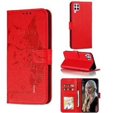 Intricate Embossing Lychee Feather Bird Leather Wallet Case for Huawei nova 6 SE - Red