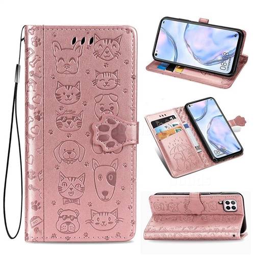 Embossing Dog Paw Kitten and Puppy Leather Wallet Case for Huawei nova 6 SE - Rose Gold